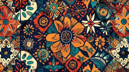 Colorful hand drawn ornamental pattern with geometric textures and tribal floral motifs in a repetitive design pattern