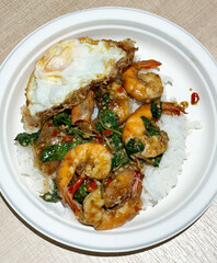 Stir Fried Shrimp and Basil Leaves with Rice and Fried Egg