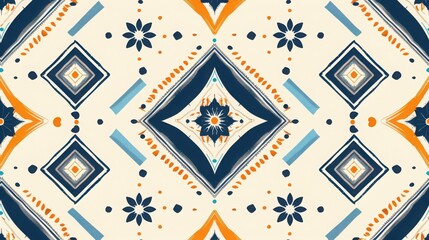 Abstract geometric pattern with blue, orange, and white elements creating a symmetrical design. Ideal for backgrounds and textile designs.