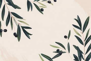 Obraz premium Botanical illustration of olive branches with leaves and black olives on a light background, ideal for design and decor projects.