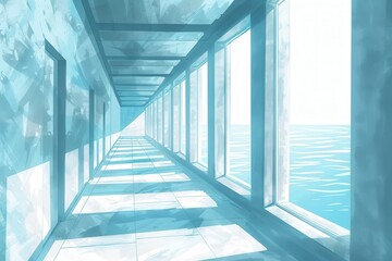 Obraz premium Brightly lit corridor with large windows offering a breathtaking view of the ocean. The symmetrical design and light reflections create a serene atmosphere.