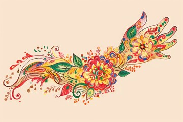 Fototapeta premium Colorful floral hand design showcases intricate patterns and vibrant hues, perfect for art, tattoo, and cultural illustrations.