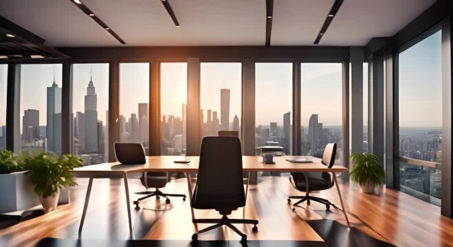 White office meeting room interior with table and large windows on urban background