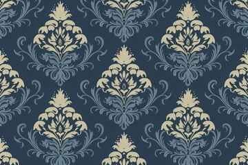 Elegant vintage damask wallpaper pattern in blue and beige, intricate floral design perfect for background, decor, or textile projects.