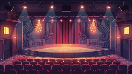 Empty theater stage with red curtains and illuminated lights, ready for a performance. Rows of seats are visible in the audience area.