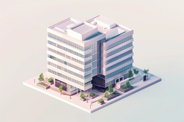 Isometric view of a modern office building with glass windows and surrounding trees, creating an urban business environment.