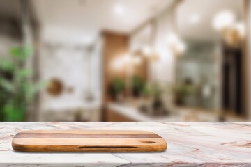 Wooden table top in bathroom interior