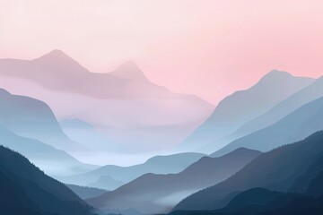 Fototapeta premium Serene mountain landscape with misty layers at sunrise, showcasing tranquil pastel hues and a calm atmosphere of natural beauty.