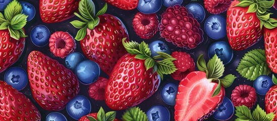 The background is summer fruits with strawberries, blueberries, and raspberries.