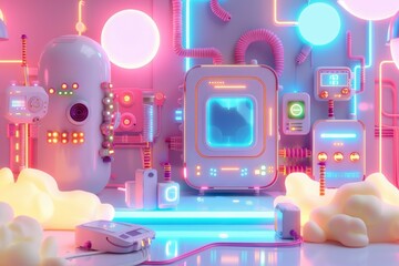 Colorful futuristic laboratory with glowing neon lights, tech gadgets, and futuristic equipment in a vibrant sci-fi setting.