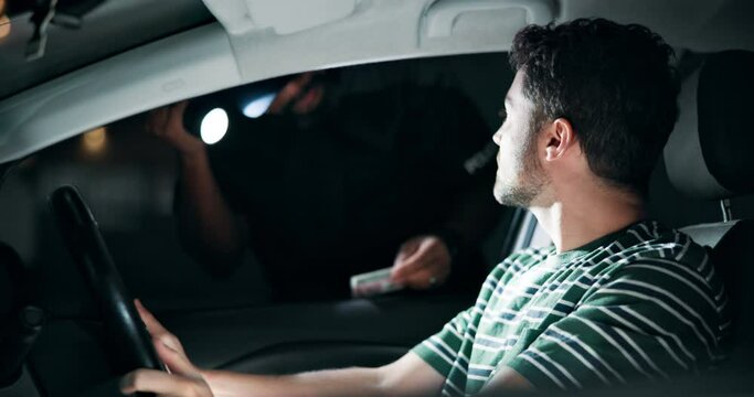 Car, drivers license and man with police for traffic stop, public safety or check information. Street, violation and person in vehicle with law enforcement for road block, emergency or investigation