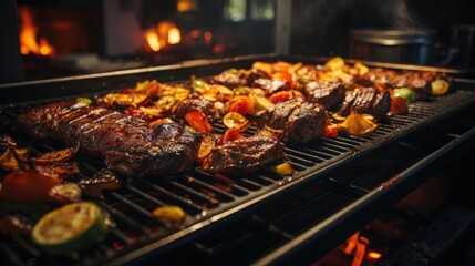 Realistic grilled barbeque with melted barbeque sauce and cut vegetables, black and blur background