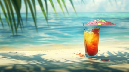 Colorful Fresh Fruit Cocktail with Umbrella on Serene Beach, Palm Tree Shadow Nearby