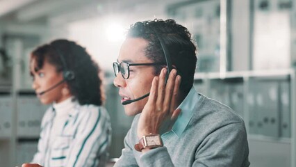 Telemarketing, customer service and man consultant in office with crm communication for online. Contact us, headset and male technical support, call center or sales agent working on hotline.