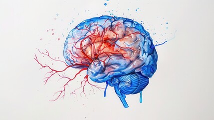 Abstract colorful illustration of a brain with blue and red neural connections on a white background. Art symbolizing creativity and intelligence.
