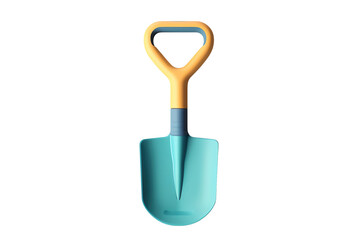Colorful plastic garden shovel with ergonomic handle, bright blue scoop, and yellow and orange grip. Perfect for digging and gardening activities.