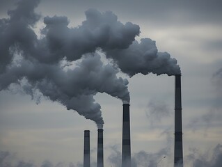 Gloomy Industrial Smoke Billowing from Factory Chimneys Polluting the Environment