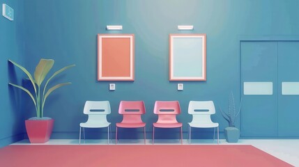 Modern waiting area with colorful chairs, plants, and empty frames on a wall. Bright and inviting interior design concept.