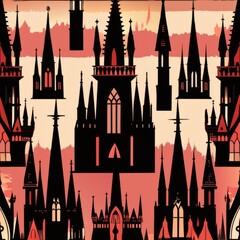 Seamless pattern of haunted mansion silhouettes against a full moon backdrop, Generative AI