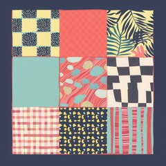 Fototapeta premium Vibrant patchwork design with nine unique colorful patterns in a square layout, perfect for textiles, wallpapers, and creative projects.