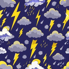 Seamless pattern of ominous storm clouds and lightning bolts, Generative AI