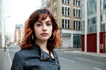 Fototapeta premium Powerful portrait of young woman looking at camera in the street.