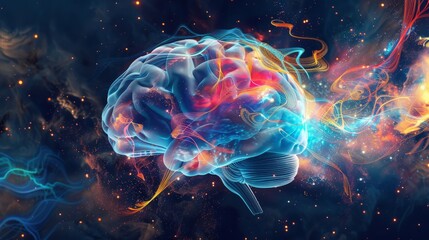 A background image of a brain with swirling thoughts depicted as colorful lines and abstract shapes against a dark space-themed backdrop