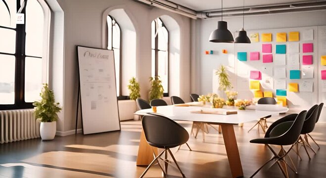 White office meeting room interior with table and large windows 