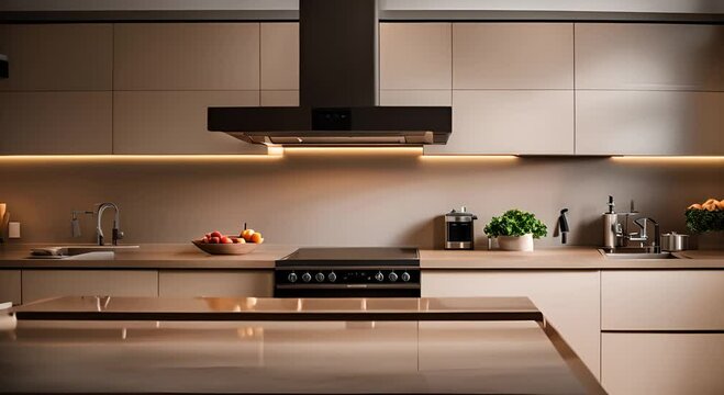 Luxury home kitchen interior with bar counter and cooking cabinet 