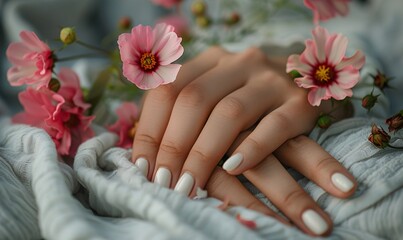 Fototapeta premium a woman's hand with white nails, gently clutching pink autumn flowers, set on a textured gray cloth backdrop