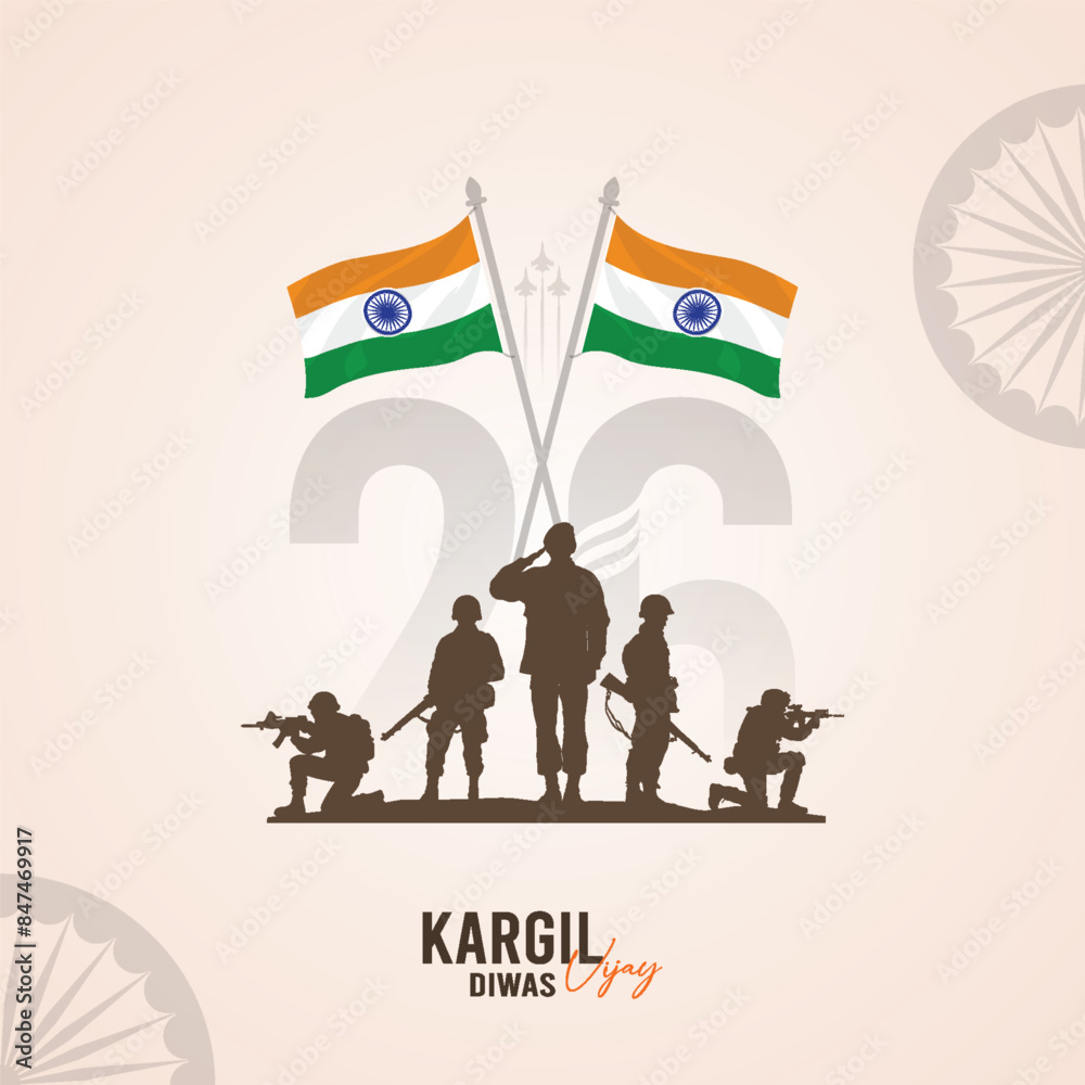 Wall mural “26th July, Kargil Vijay Diwas, a design concept with the Indian flag and army silhouette honoring war heroes and their sacrifice for the nation’s independence 