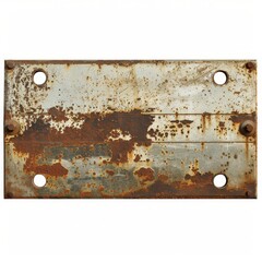 Close-up of rusty metal plate with weathered and peeling paint, showcasing grunge textures and industrial elements.