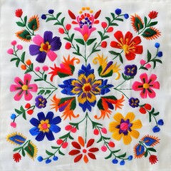 Colorful floral embroidery pattern with intricate details on white background, showcasing vibrant flowers and leaves.