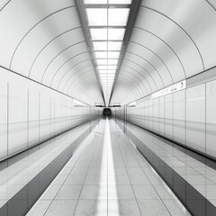 Obraz premium Futuristic empty hallway with sleek modern design, illuminated by overhead lights, perfect for architectural and conceptual projects.