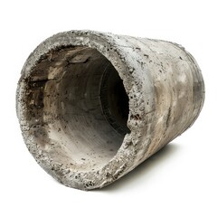 Large, weathered concrete pipe segment on white background, showcasing texture, wear, and industrial material characteristics.