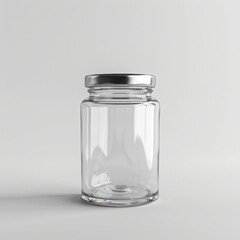 Minimalist glass jar with silver lid on white background. Perfect for food storage, DIY projects, and kitchen organization.