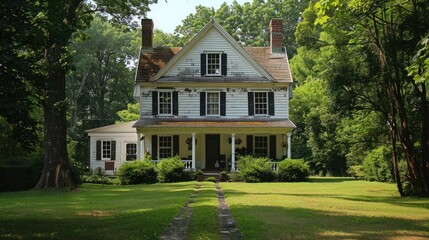 A large white house with a red door sits in a lush green yard