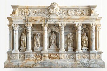 Obraz premium Ancient marble sarcophagus with intricate carvings and columns, depicting historical figures and mythological scenes on a white background.