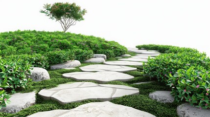 Obraz premium Beautiful garden pathway with stone steps surrounded by green shrubs and a solitary tree in the background, creating a serene landscape.