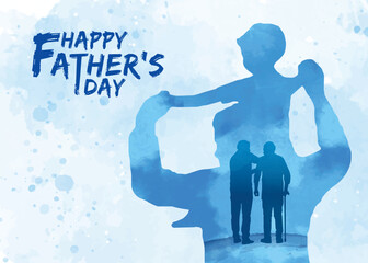 Father and son silhouette with blue watercolor background. Happy Father's day greeting illustration. Cartoon child sitting on father shoulder. Young man walking with father. Fatherhood lifestyle.