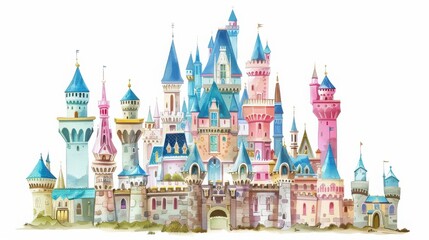 Fototapeta premium Whimsical watercolor illustration of a fairytale castle with vibrant towers and architectural details, invoking a magical fantasy world.