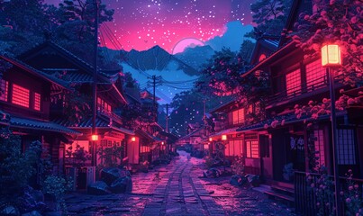 a drawing of a Japanese village at night in a utopian future, styled with neon colors and synthwave cyberpunk themes