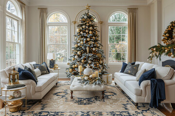 Cozy Christmas Living Room, Decorated Tree and Festive Fireplace with Stockings, Warm Holiday Atmosphere and Family Comfort