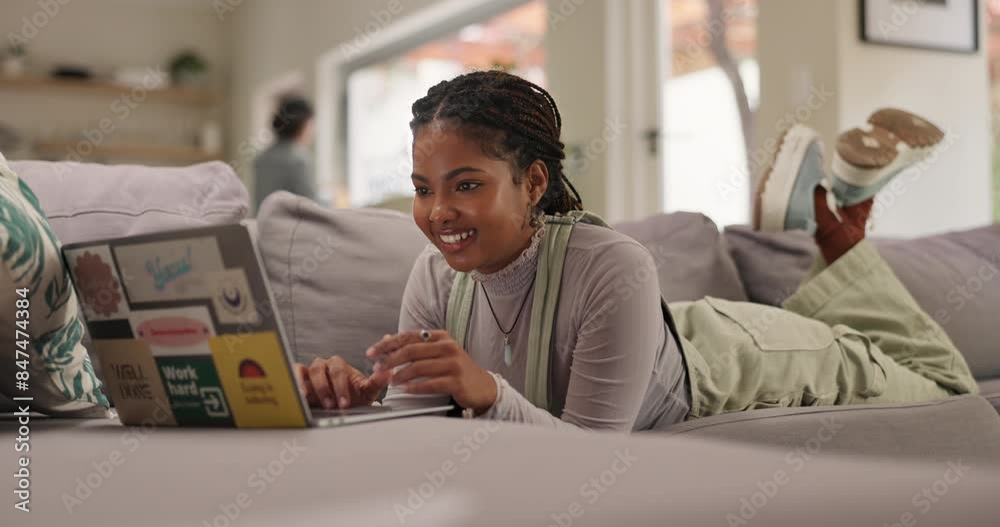Poster woman, relax and couch with laptop for work from home, elearning and online course with smile. writi