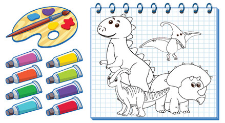 Dinosaur illustrations with paint palette and tubes