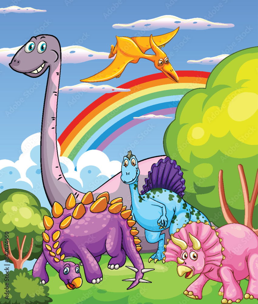 Poster happy dinosaurs in a vibrant landscape