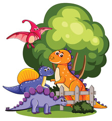 Colorful dinosaurs playing near a tree