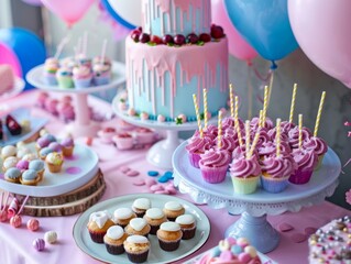 Birthday tablescape or candy bar with sweets, Birthday cake and cupcakes, beautiful party celebration - ai