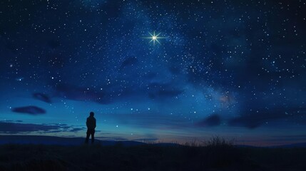 Fototapeta premium Silhouette of a person gazing at a starry night sky.