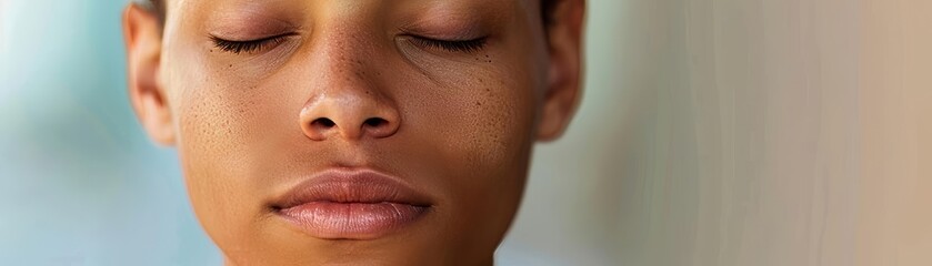 Close-up of a woman's face with eyes closed, meditating